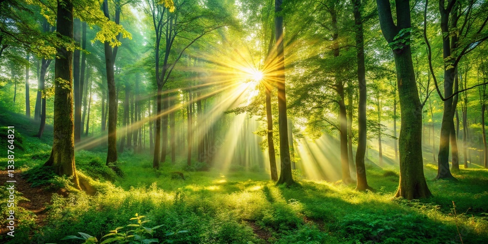 Obraz premium Sunbeams Dappled Forest Clearing Double Exposure Stock Photo