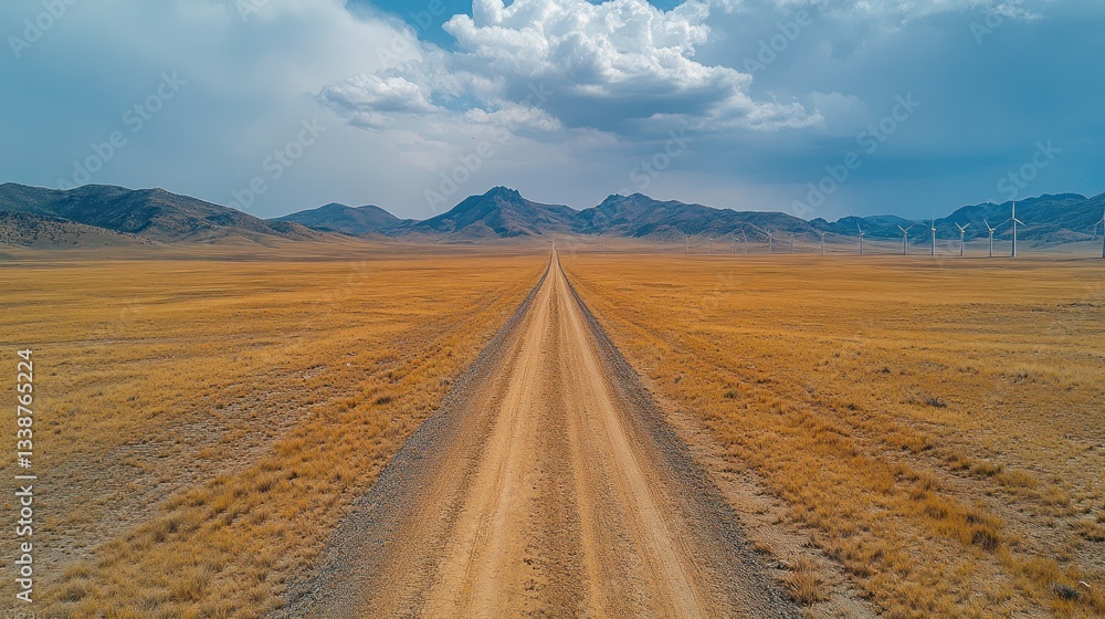 Vast Desert Road Leading to Wind Turbines under a Dramatic Sky Vast Desert Road Leading to Wind Turbines under a Dramatic Sky