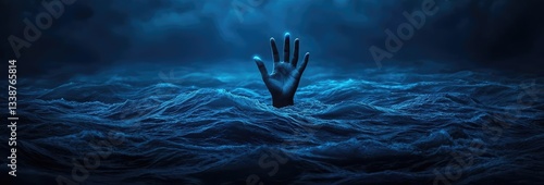 Surrealist art abstract background concept. A haunting image of a hand reaching out from turbulent blue waters, symbolizing desperation.