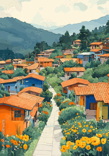 A charming village nestled in the mountains with colorful houses surrounded by vibrant flowers and green vegetation. The winding path invites exploration, set against a serene mountainous backdrop
