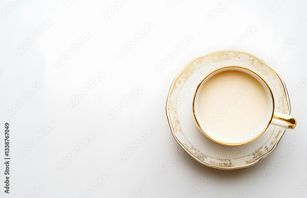 Top-down view of condensed milk in luxurious and elegant cup on white background with light and shadow. Copy space for text. Highlighting sophistication and premium quality. Top-down view of condensed milk in luxurious and elegant cup on white background with light and shadow. Copy space for text. Highlighting sophistication and premium quality.