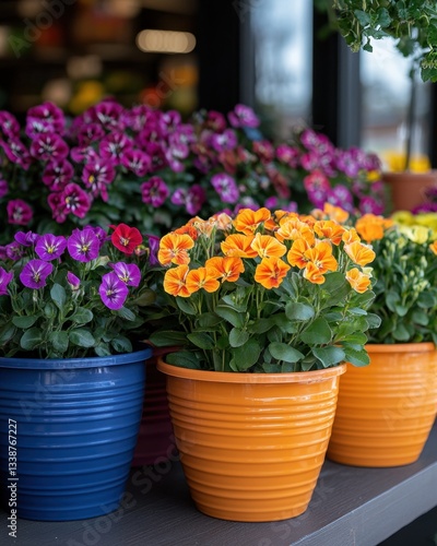 Wallpaper Mural Vibrant pansies in colorful pots create a cheerful display of spring bloom and floral charm in garden setting Torontodigital.ca