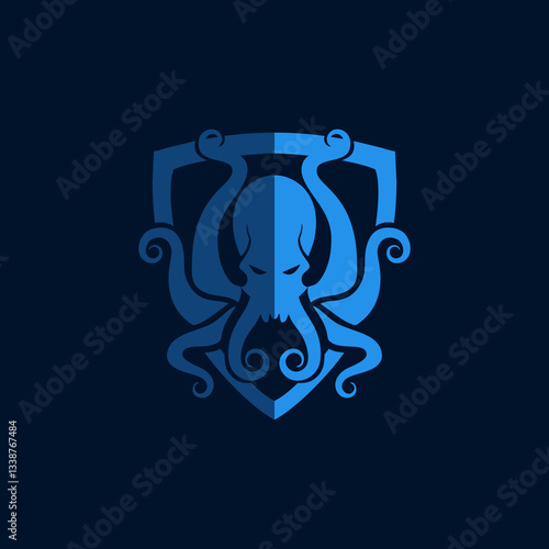 Blue Pixel Art Octopus Logo with Shield