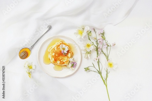 Wallpaper Mural Delicate pancakes with honey and flowers on a white background, representing fresh ingredients and healthy breakfast concept Torontodigital.ca