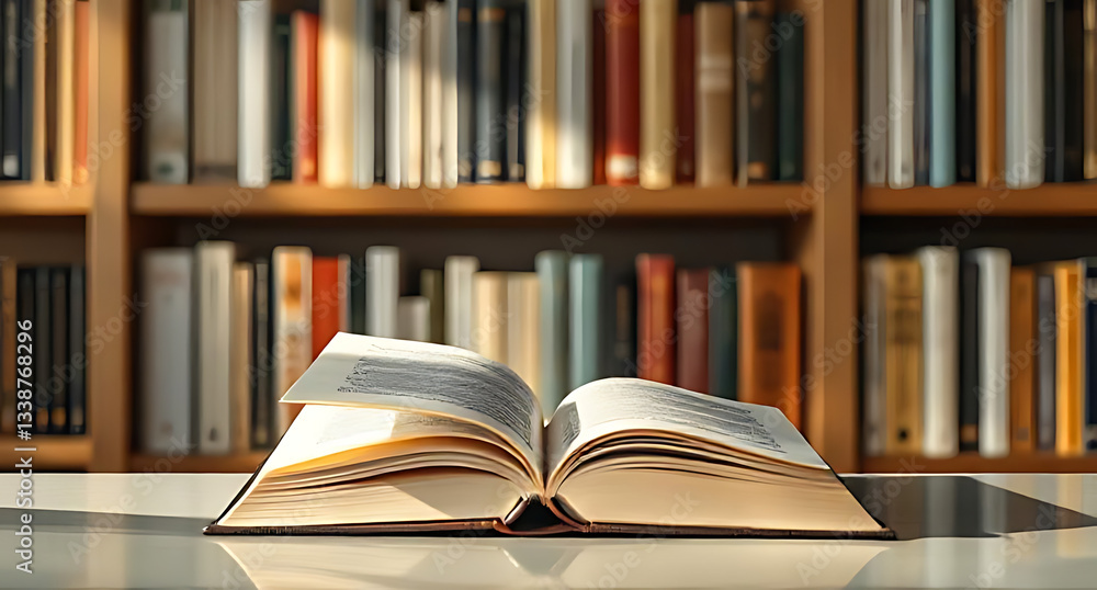 Fototapeta premium A beautifully designed bookshelf with books arranged neatly and a single open book resting on top