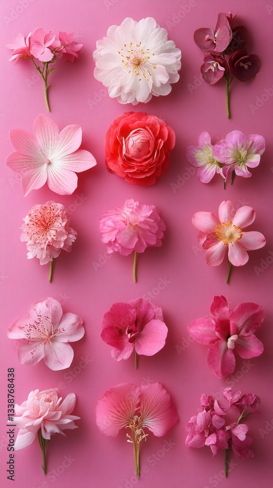 Fototapeta premium Floral Harmony A Collection of Delicate Pink Flowers Arranged on a Vibrant Pink Background Capturing the Beauty of Nature in a Flat Lay Style