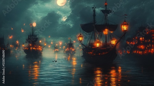 Dark ships under a moonlit sky