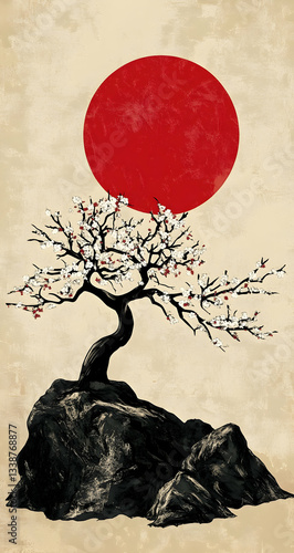 Minimalist illustration of a red sun, a black tree with white flowers on the rock in front of it, in the  of Japanese art, with a beige background, simple lines, and soft light and shadow