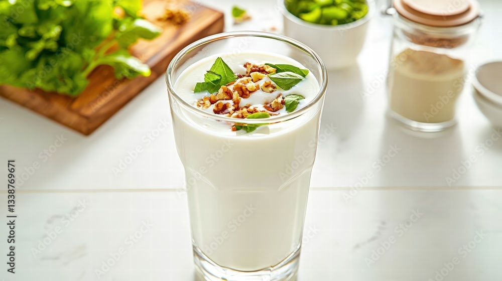 Refreshing glass of milk accompanied by a colorful plate of fresh salad for a healthy meal Refreshing glass of milk accompanied by a colorful plate of fresh salad for a healthy meal