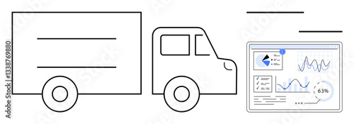 Truck alongside analytics dashboard with graphs and KPIs emphasizes logistics, efficiency, and data-driven decision-making. Ideal for logistics, fleet management, tech, transport, supply chain
