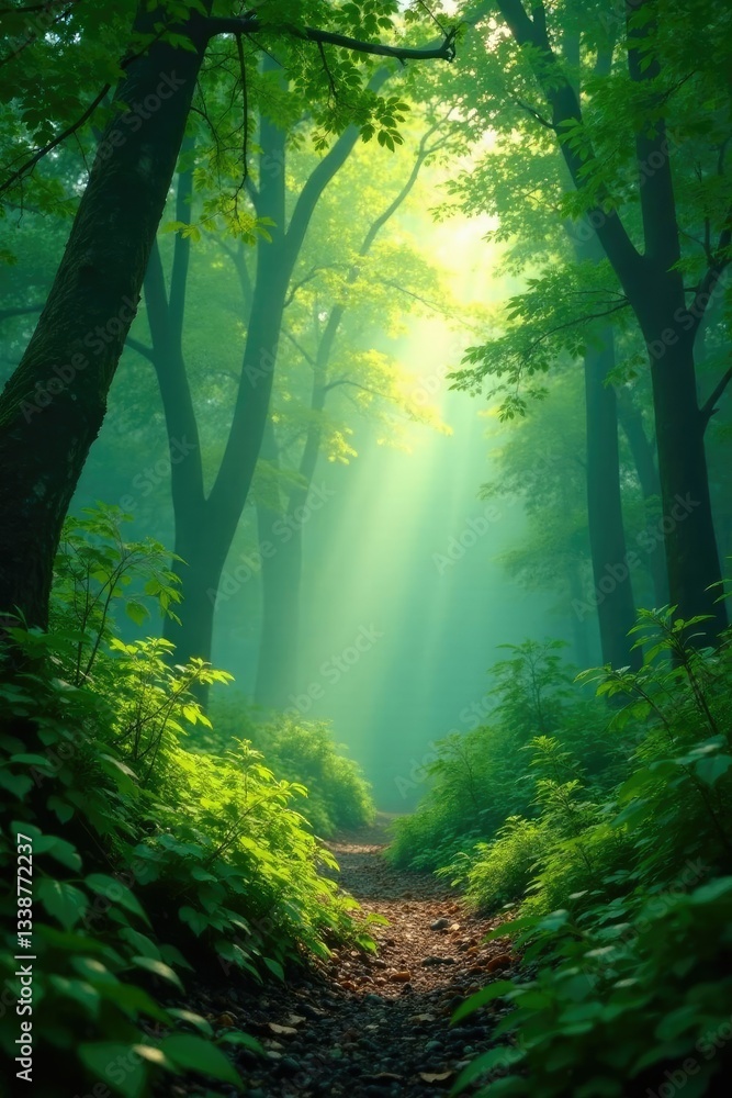 Obraz premium Dense foliage obscures sunlight filtering through, earthy, green, misty