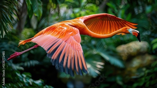 Close-up of a flamingo in flight with its wings stretched out.