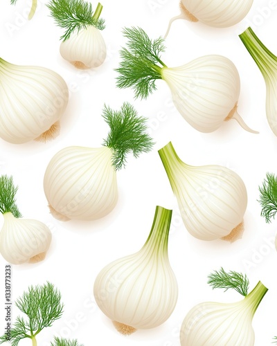 A seamless pattern featu vibrant, realistic illustrations of whole fennel bulbs and sprigs of fresh dill against a clean white background, ideal for culinary or botanical