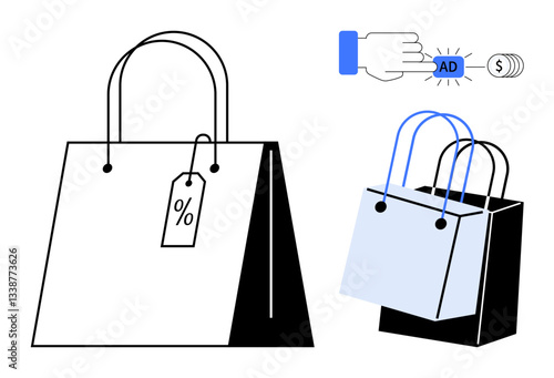 Shopping bags with handles and discount tag. Hand clicking on an ad button, signifying online shopping and advertising. Ideal for e-commerce, marketing, sales, retail, discounts, online ads consumer