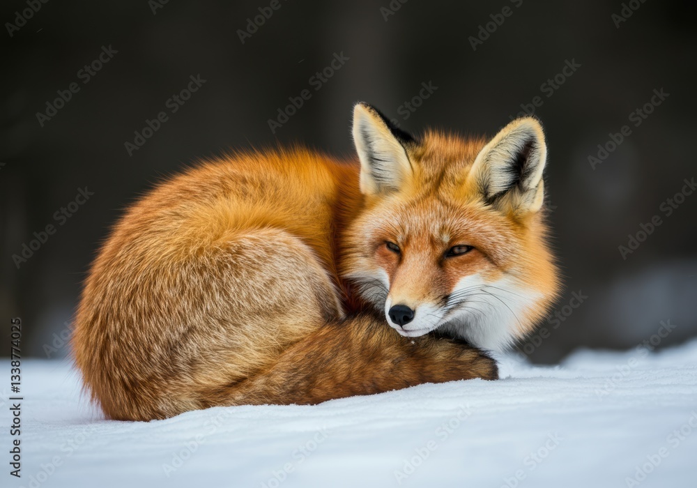 Fototapeta premium Red fox curled up in snow wildlife nature