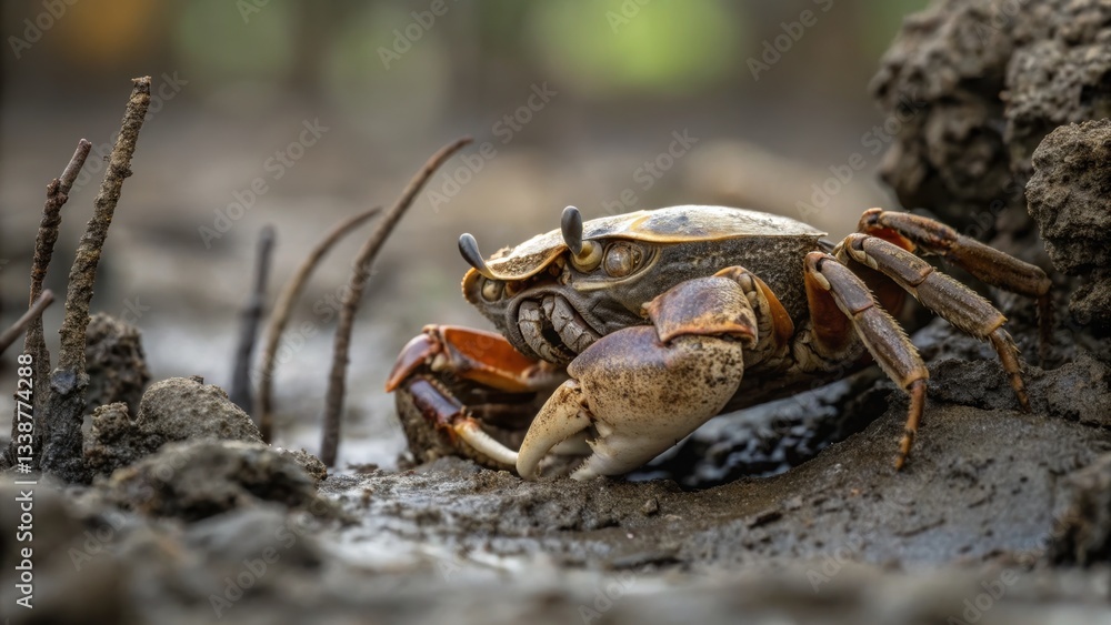 Mangrove sustainability, A crab on a muddy shore amidst mangrove roots. Protect coastal foreshores. Mangrove sustainability, A crab on a muddy shore amidst mangrove roots. Protect coastal foreshores.