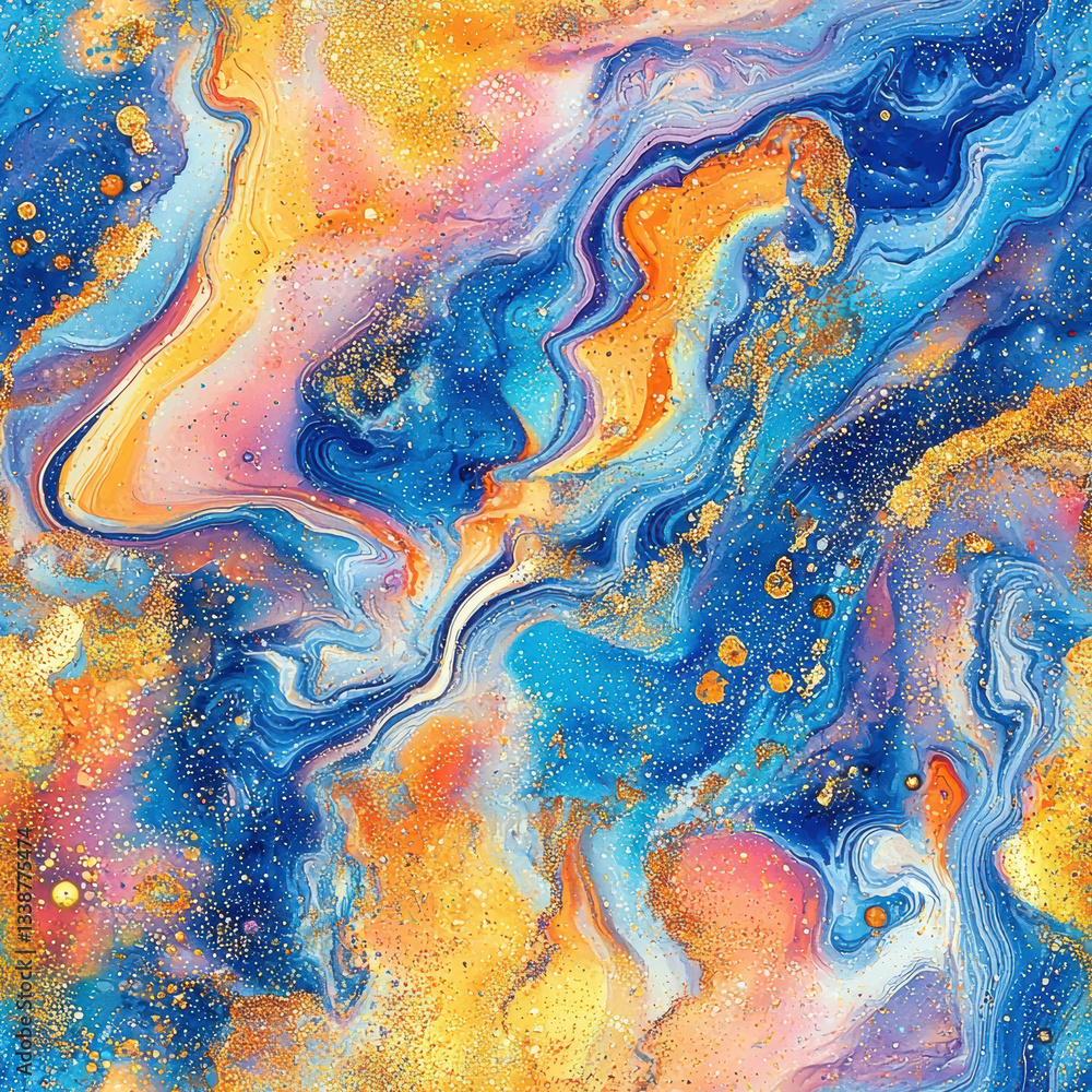 Obraz premium Colorful Abstract Seamless Pattern Summer Textile, Vivid abstract marble pattern with swirling blue and orange hues