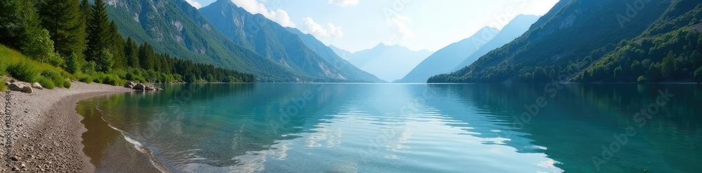 Gentle lapping of water against the shore of a serene mountain lake, serene, mountain Gentle lapping of water against the shore of a serene mountain lake, serene, mountain