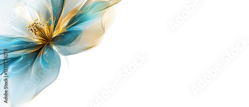 Abstract flowers with turquoise and gold. White background. Luxury style. Digital art. Flowing lines.
