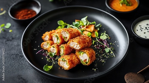Gourmet fried chicken wraps served on a black plate with various sauces and garnish