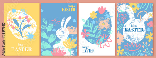 Easter design. Hand drawn cute bunnies, eggs, flowers. Colorful vector spring illustrations. Holiday cards, banners, covers.
