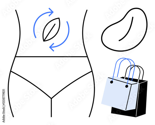 Line drawing of a womans lower body showing digestive movement, a shopping bag, and a kidney. Ideal for health, shopping, wellness, body care, fitness organs lifestyle themes. Abstract line flat