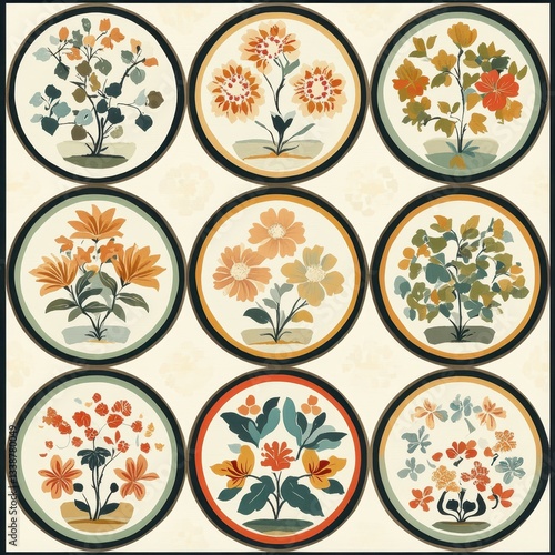 Retroinspired circular patterns resembling Japanese family crests, soft pastels
