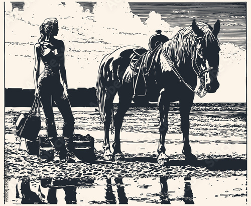 Retro comic style vector illustration of a woman standing next to a horse on a beach or coastline. Black and white high contrast artwork with textured details and simple composition.