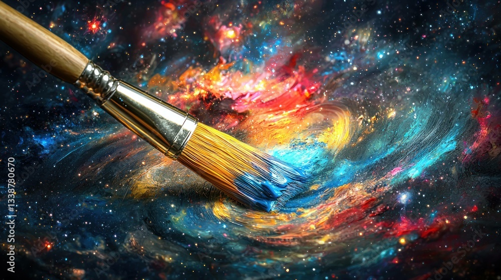 Fototapeta premium A vibrant artist s brush creating a cosmic masterpiece with swirling colors and a starry background, embodying creativity and imagination in art