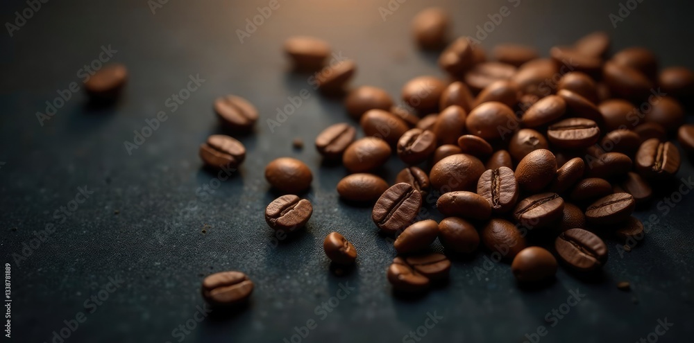 Roasted coffee beans scattered across a sleek black surface with soft warm glow, minimalist, coffee, modern Roasted coffee beans scattered across a sleek black surface with soft warm glow, minimalist, coffee, modern