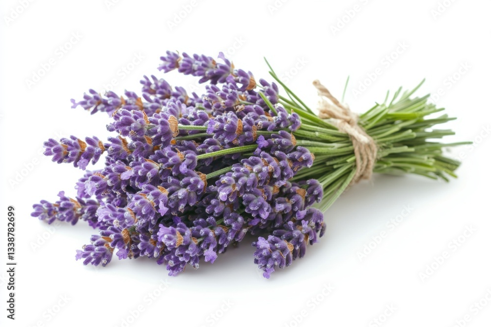 Fototapeta premium Captivating Lavender Bouquet on White Backdrop Freshly Cut Aromatic Purple Flowers Tied with Twine