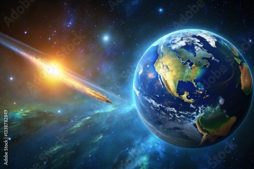 Spinning Earth Orbiting Meteor Glow, Starry Night Universe Background - 3D Animation