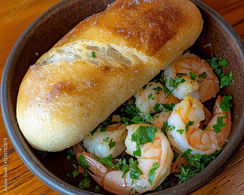 An overhead culinary portrait captures a rustic seafood feast, presented on weathered wooden planks, offering a symphony of oceanic flavors and earthly textures Succulent shrimp, glistening with