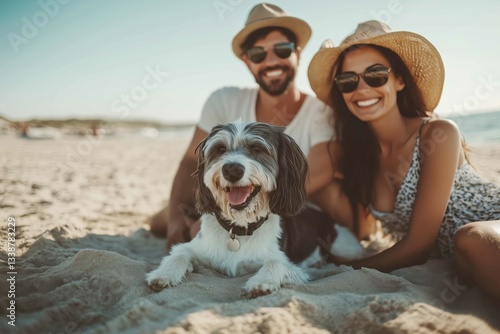 Fototapeta Naklejka Na Ścianę i Meble -  Dog and couple owners at the beach enjoying summer