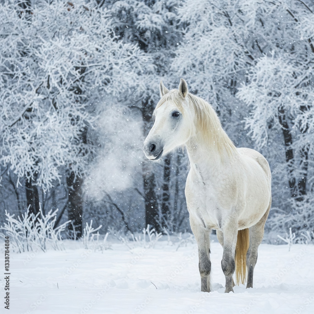 Obraz premium A white horse standing in a snowy, wintry landscape, with frost-covered trees.