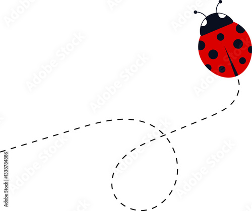 Cute ladybug characters collection. Flying ladybug with dotted path. Ladybugs flying on dotted route. ladybug icon set. Insects group. Vector illustration isolated on white.