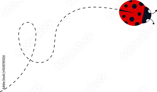 Cute ladybug characters collection. Flying ladybug with dotted path. Ladybugs flying on dotted route. ladybug icon set. Insects group. Vector illustration isolated on white.
