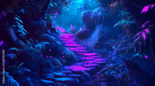 Fototapeta Naklejka Na Ścianę i Meble -  Mysterious pathway in a jungle with blue and purple neon colors. Fungal Pathways. Illustration
