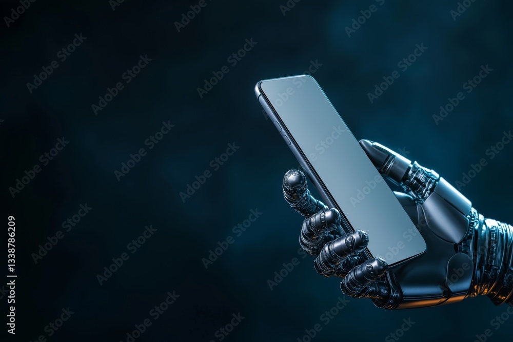 A bionic hand holding a smartphone on blue background. A mockup of a phone with an empty screen in the robot's arm with copy space.