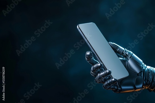 Obraz na płótnie A bionic hand holding a smartphone on blue background. A mockup of a phone with an empty screen in the robot's arm with copy space. w salonie