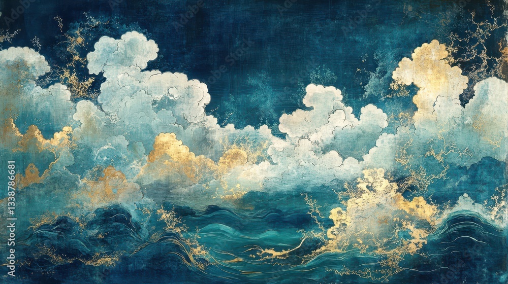 Vivid clouds painted in hues of blue and gold float above rolling waves, capturing the tranquil essence of a sunset over the ocean Vivid clouds painted in hues of blue and gold float above rolling waves, capturing the tranquil essence of a sunset over the ocean