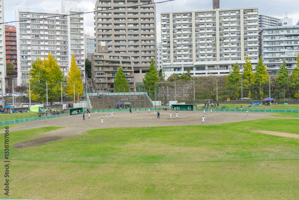 Fototapeta premium Baseball boy against the backdrop of the city