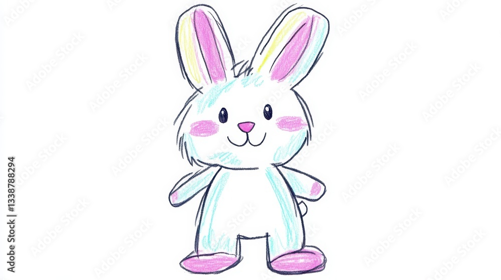 Obraz premium A cheerful bunny character is drawn in soft pastel colors, featuring large ears and a happy face. The simplicity of the design appeals to young audiences, creating a whimsical feel