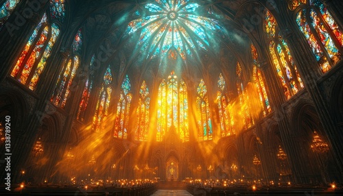 An ornate church interior filled with stained glass windows and light