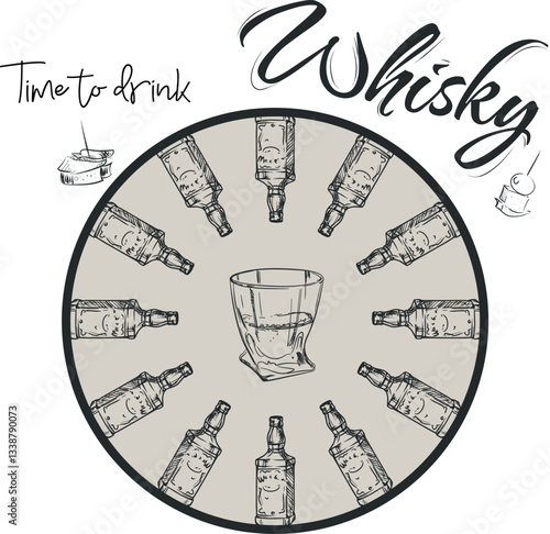 Time to drink whiskey, clock face with alcohol bottles, glass. Hand drawn vector illustration, booze, premium whiskey, drink
