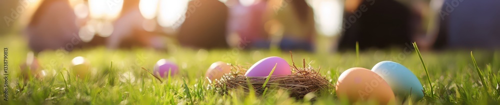Fototapeta premium Vibrant pastel Easter eggs rest in a nest on lush green grass, surrounded by people enjoying a festive gathering on a sunny spring day
