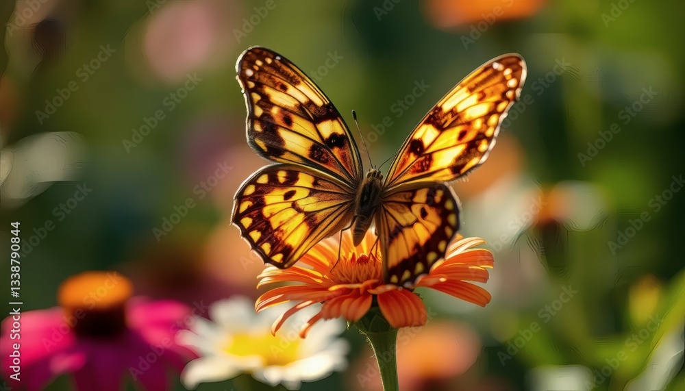 Obraz premium Butterfly on Orange Flower in Sunny Garden Close Up Nature Photography