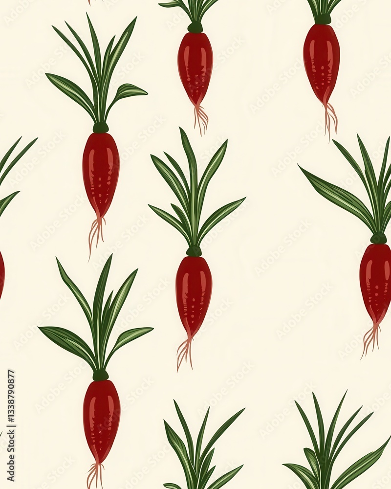 Obraz premium A vibrant pattern showcases fresh pinkish-red shallots with lush green tops on a creamy off-white background perfect for textile design and culinary ing.