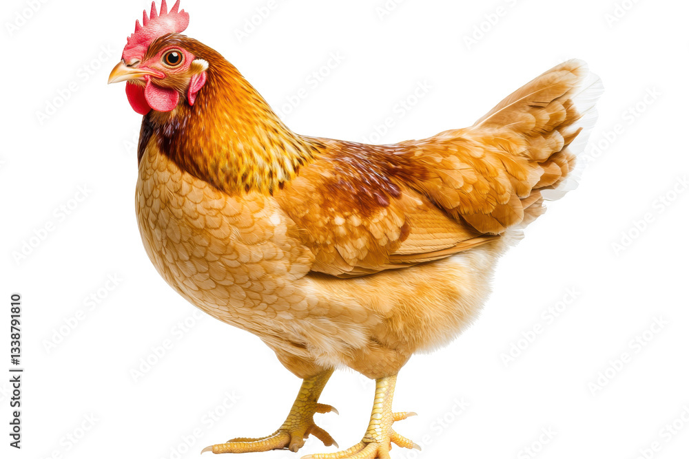 Fototapeta premium Vibrant hen standing proudly on a white background
