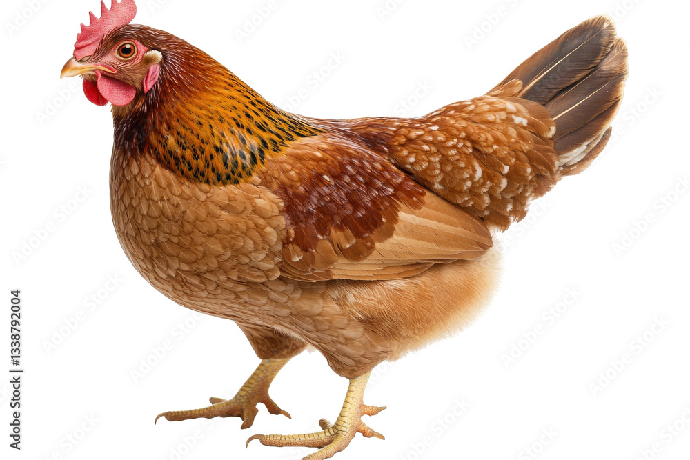 Fototapeta premium Colorful hen standing on a white background, showcasing feathers